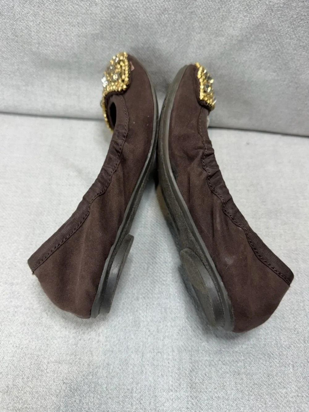 NWOT Report Dark Brown Slip-On Ballet Flats with Gold Accent Bow W5.5